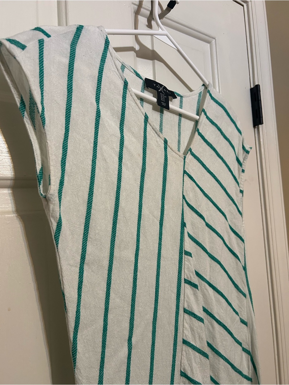 Tahari linen blend green and white midi dress with asymmetrical hemline XS - Picture 3 of 4